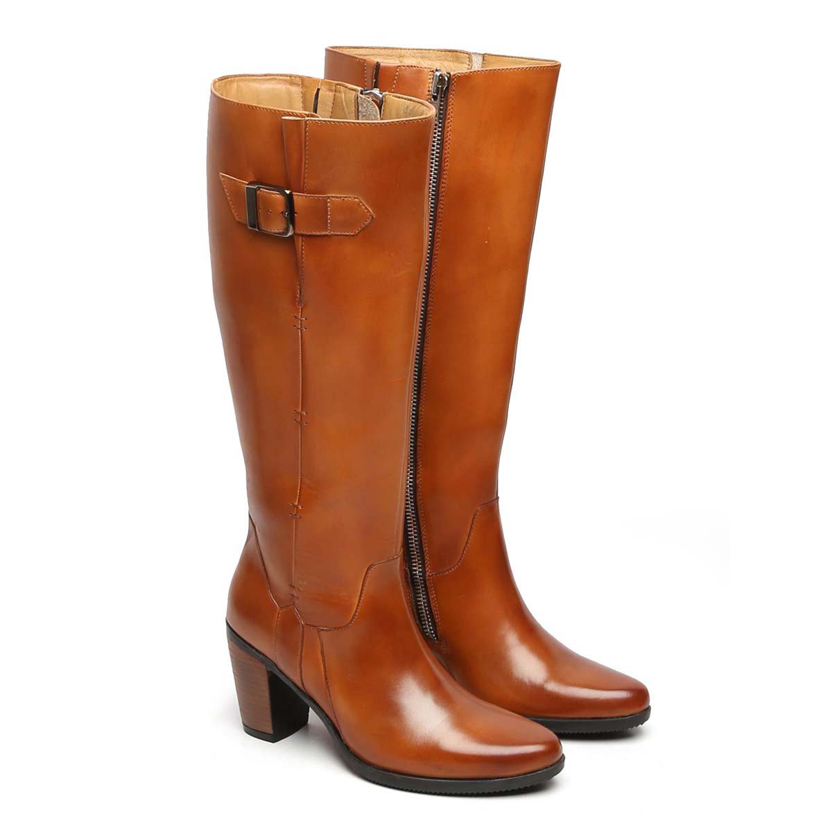 Tan Knee Height Blocked Heel Ladies Leather Boots By Brune Bareskin