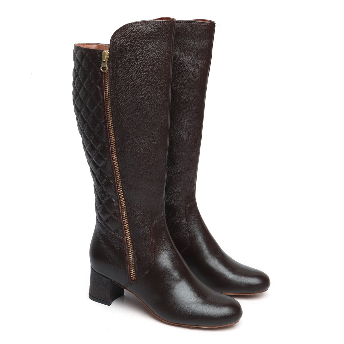 Dark Brown Ladies Long Boots Side Zip With Diamond Stitching Back Leat