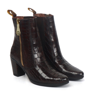 Dark Brown Women Boots Deep Cut Croco Leather By Brune & Bareskin