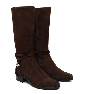 High Ankle Ladies Boots Tassel Dark Brown Suede Leather With Side Zip By Brune & Bareskin