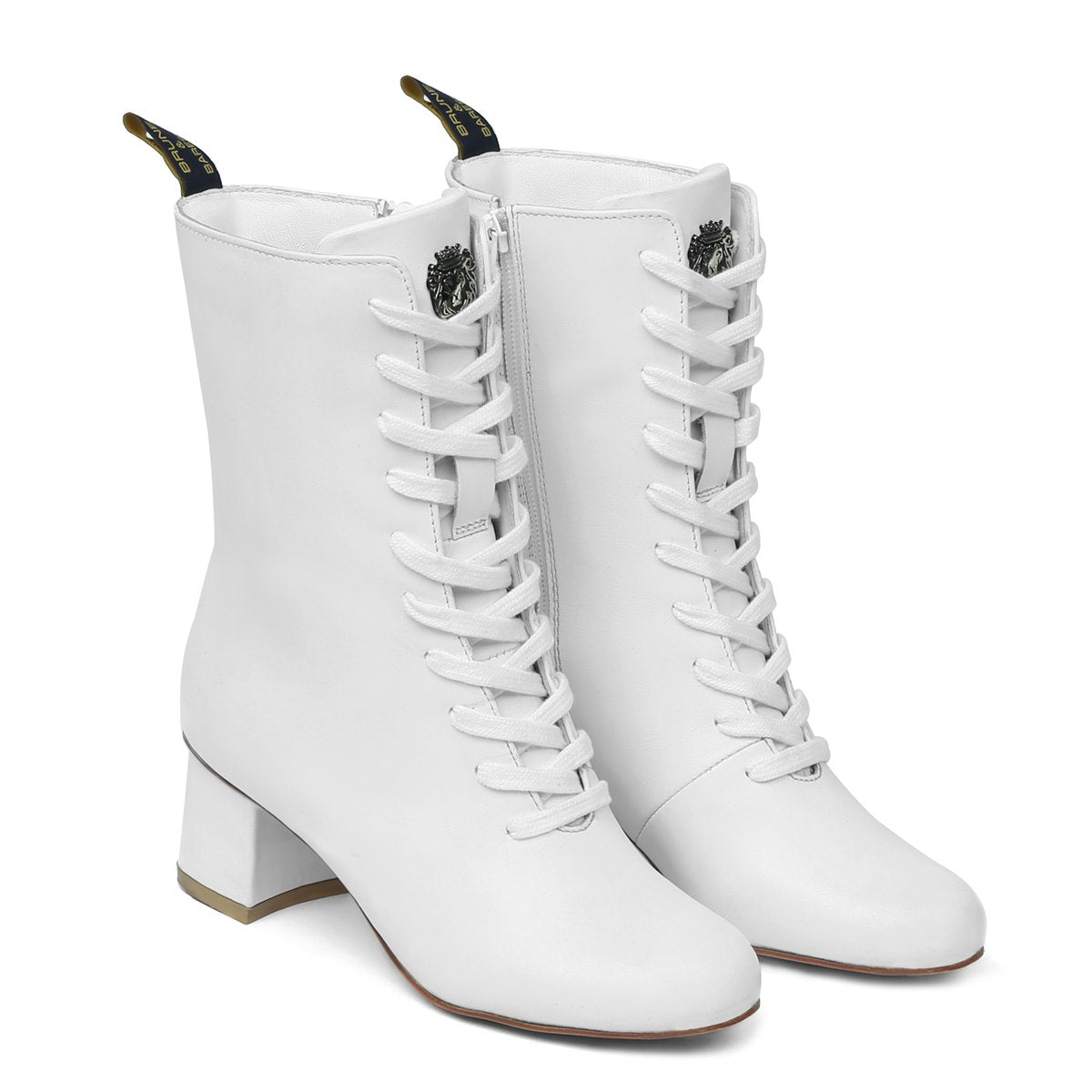 White Leather With Signature Metal Lion Long Lace-Ups Ladies Boots By Brune & Bareskin