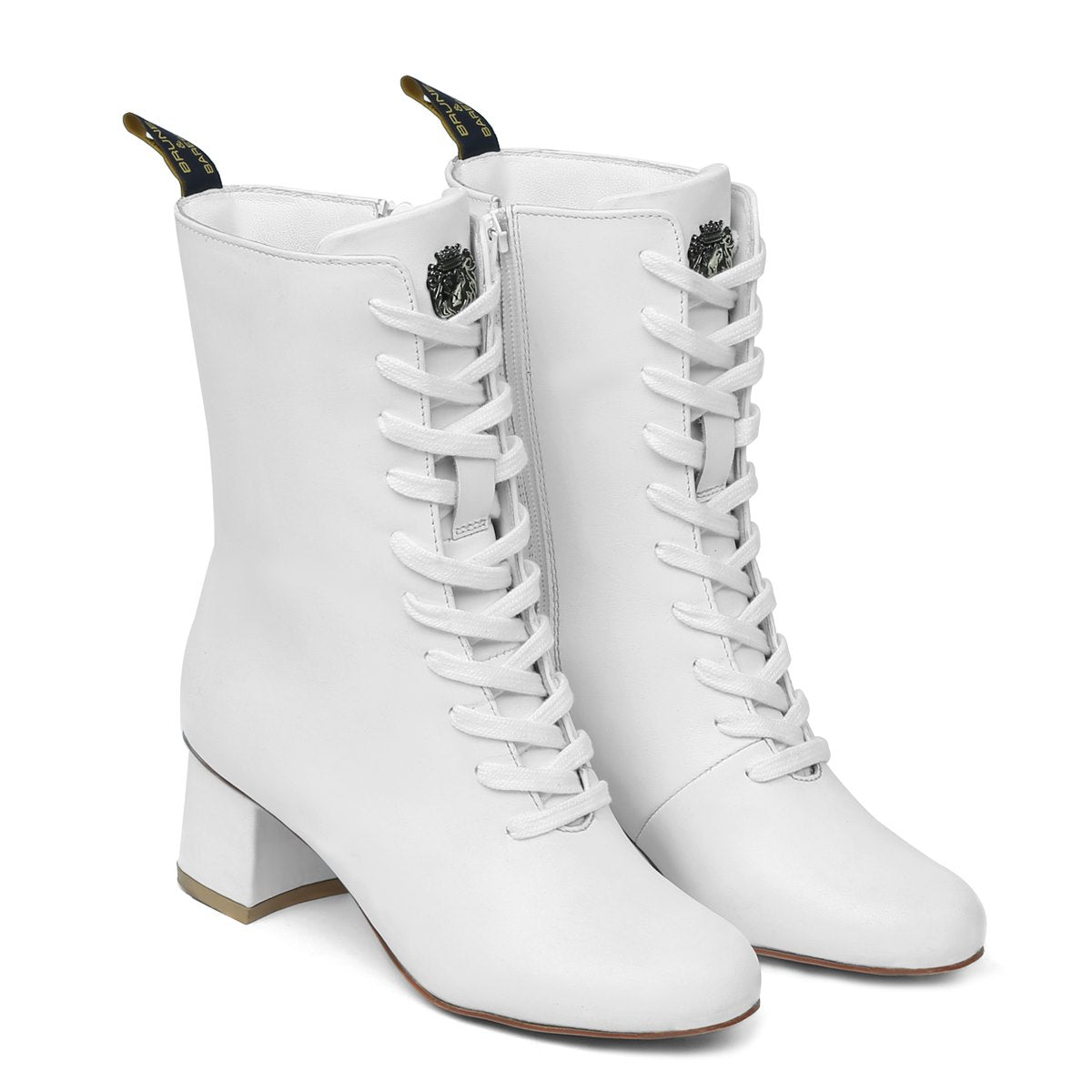 White Leather With Signature Metal Lion Long Lace-Ups Ladies Boots By