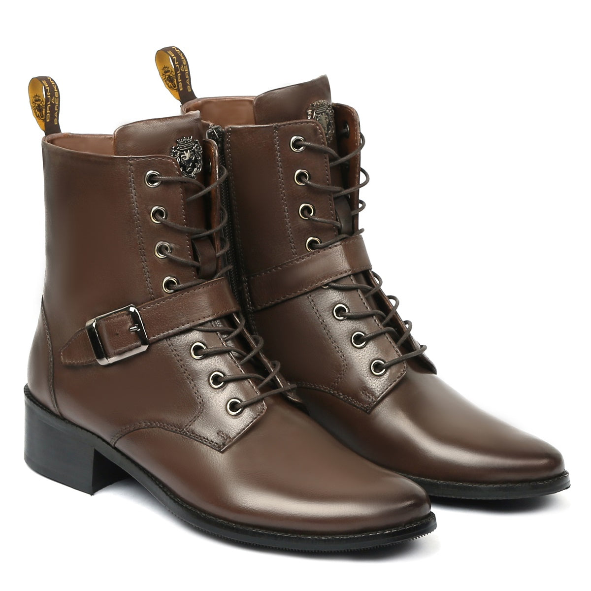 Brown Leather Buckle Fastening Combat Lace Up Ladies Boots By Brune