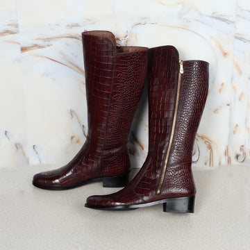 Cut Croco Textured Dark Brown Leather Ladies Long Zipper Boots With Leather Sole By Brune & Bareskin