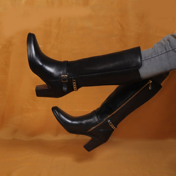 Golden Chain Embellished Knee Height Blocked Heel Zip Closure Leather Ladies Boot by Brune & Bareskin
