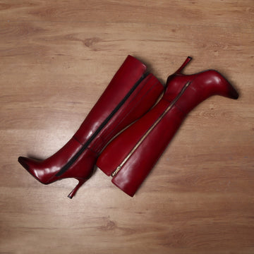 Pointed Toe Zip Closure Wine Knee Heights Leather Ladies Stiletto Pencil Heel Boots By Brune & Bareskin
