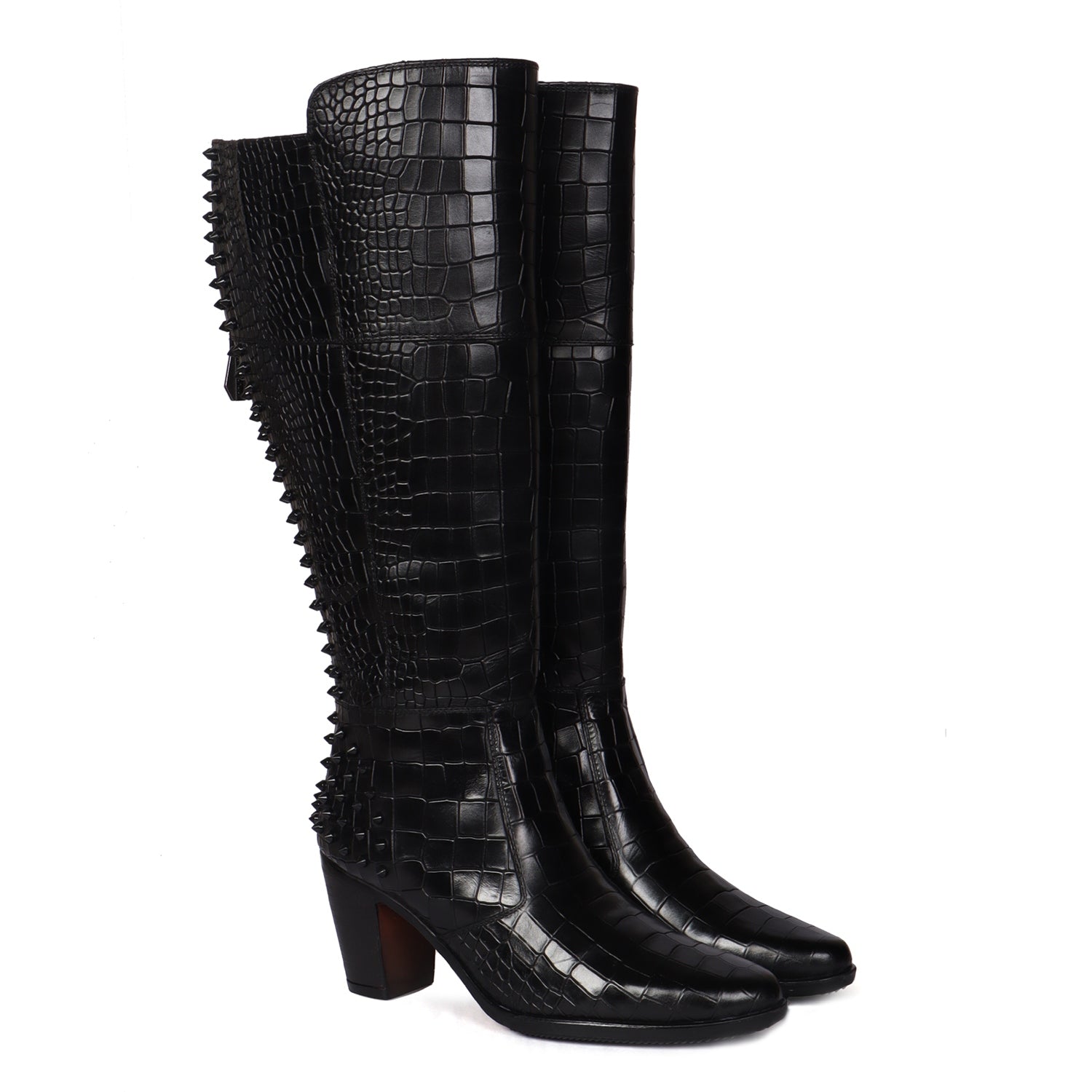Studded Black Croco Textured Leather knee Length Blocked Heel Ladies Z