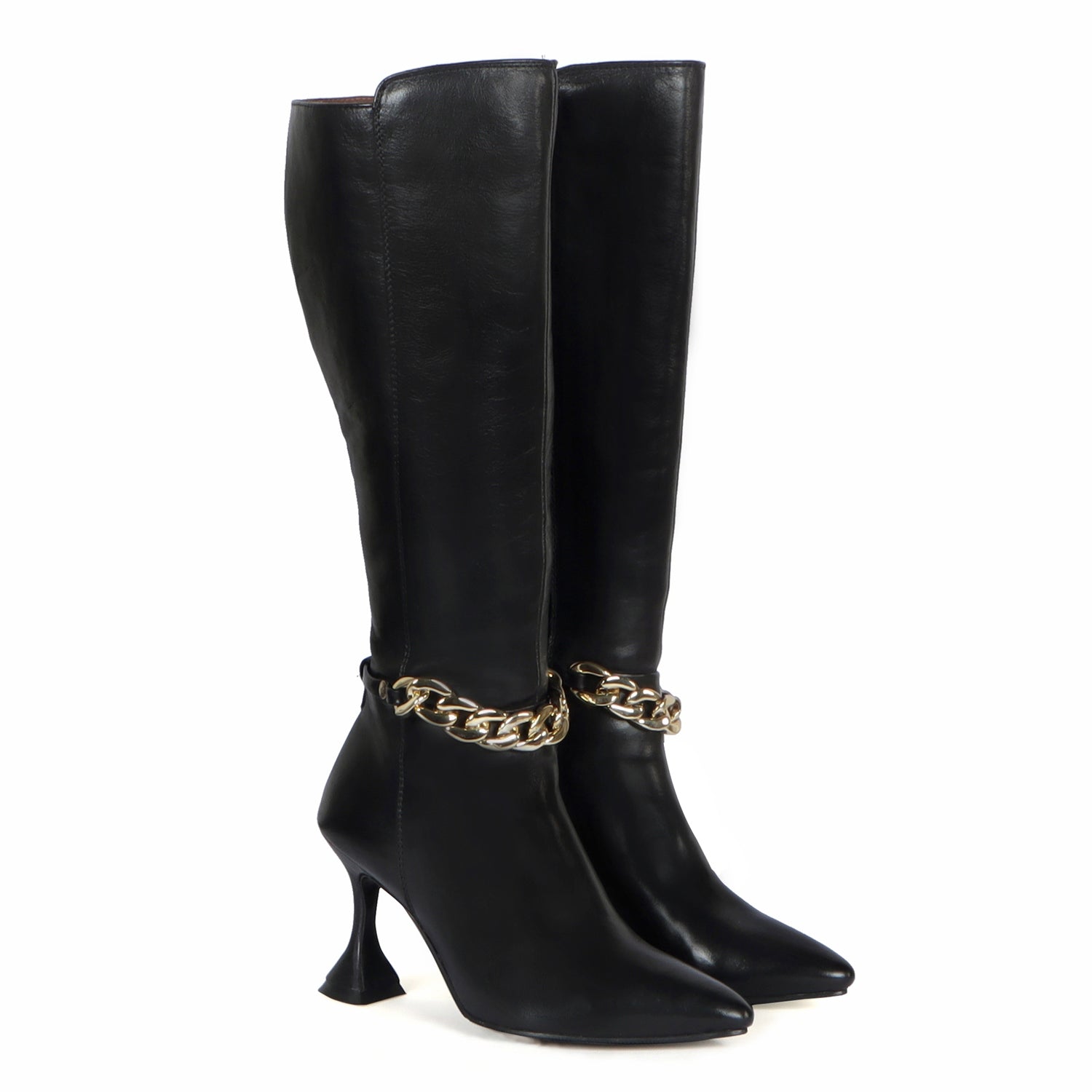 Black Pointed Toe Chain Accent Zip Closure Knee Heights Leather Ladies