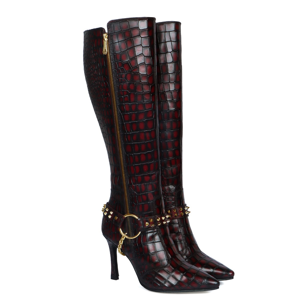 Ladies Stiletto Pencil Heel Boots Smokey Wine Pointed Toe Both Side Zip Closure Removable Studded Buckle Strap by Brune & Bareskin