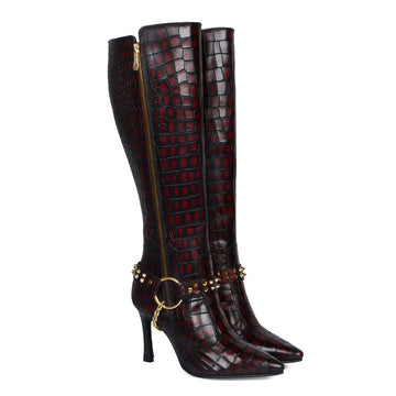 Ladies Stiletto Pencil Heel Boots Smokey Wine Pointed Toe Both Side Zip Closure Removable Studded Buckle Strap by Brune & Bareskin