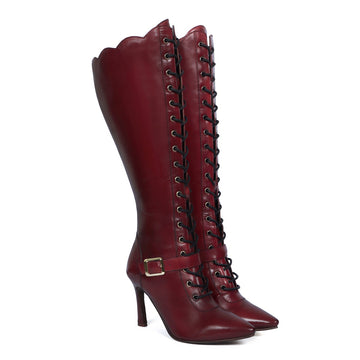 Wavy Cut Stiletto High Heels full Lace Up Zipper Closure With Buckle Wine Long Boots For Ladies By Brune & Bareskin