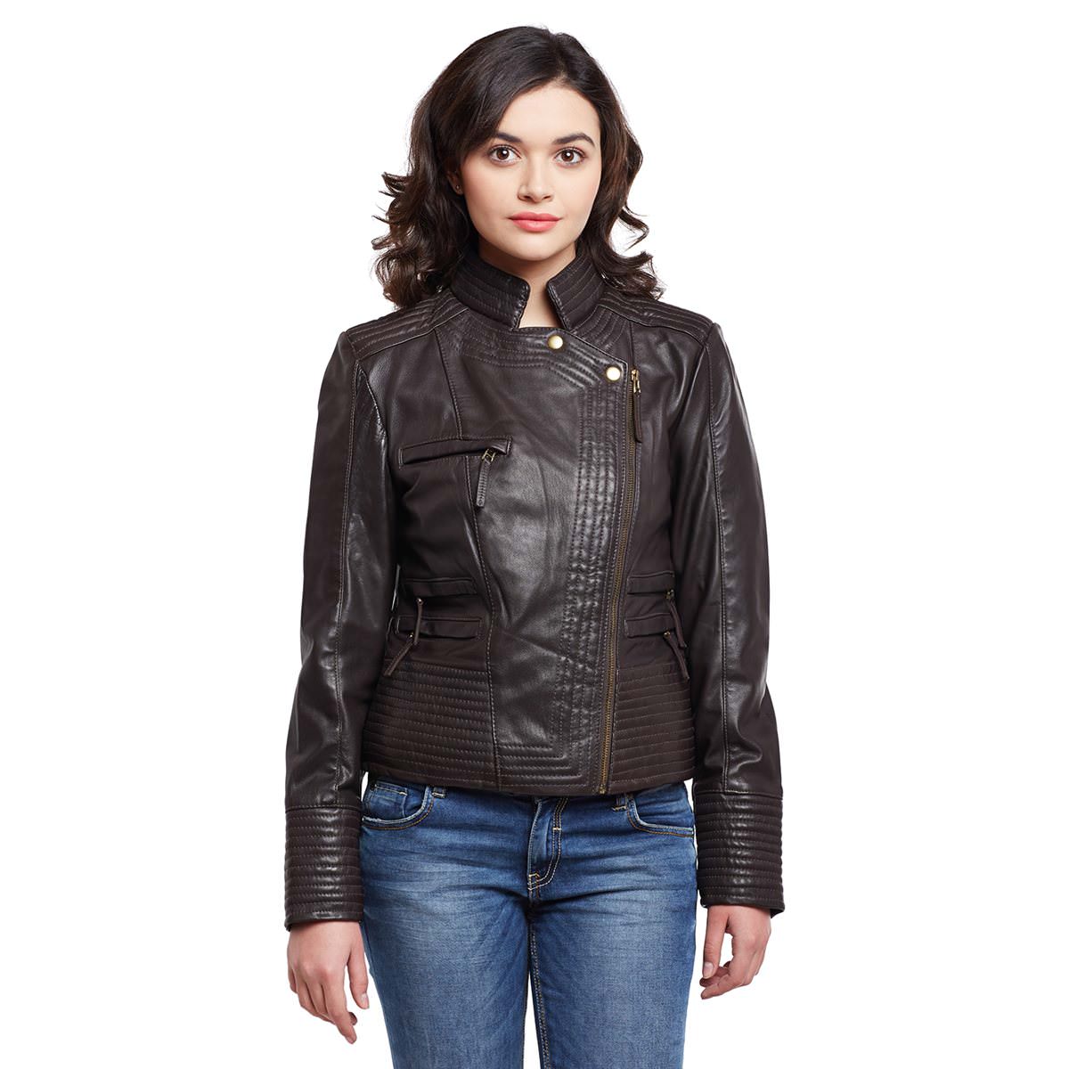 Brown Padded Details Sideways Zip Ladies Leather Jacket By Brune Bar
