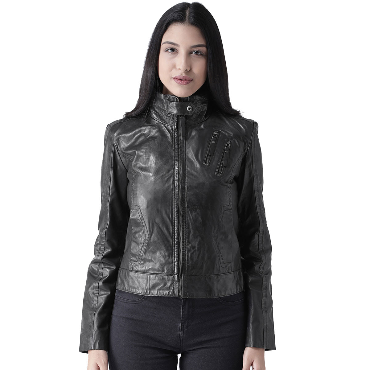 Black Leather Full Sleeve Ladies Jacket - Main Image