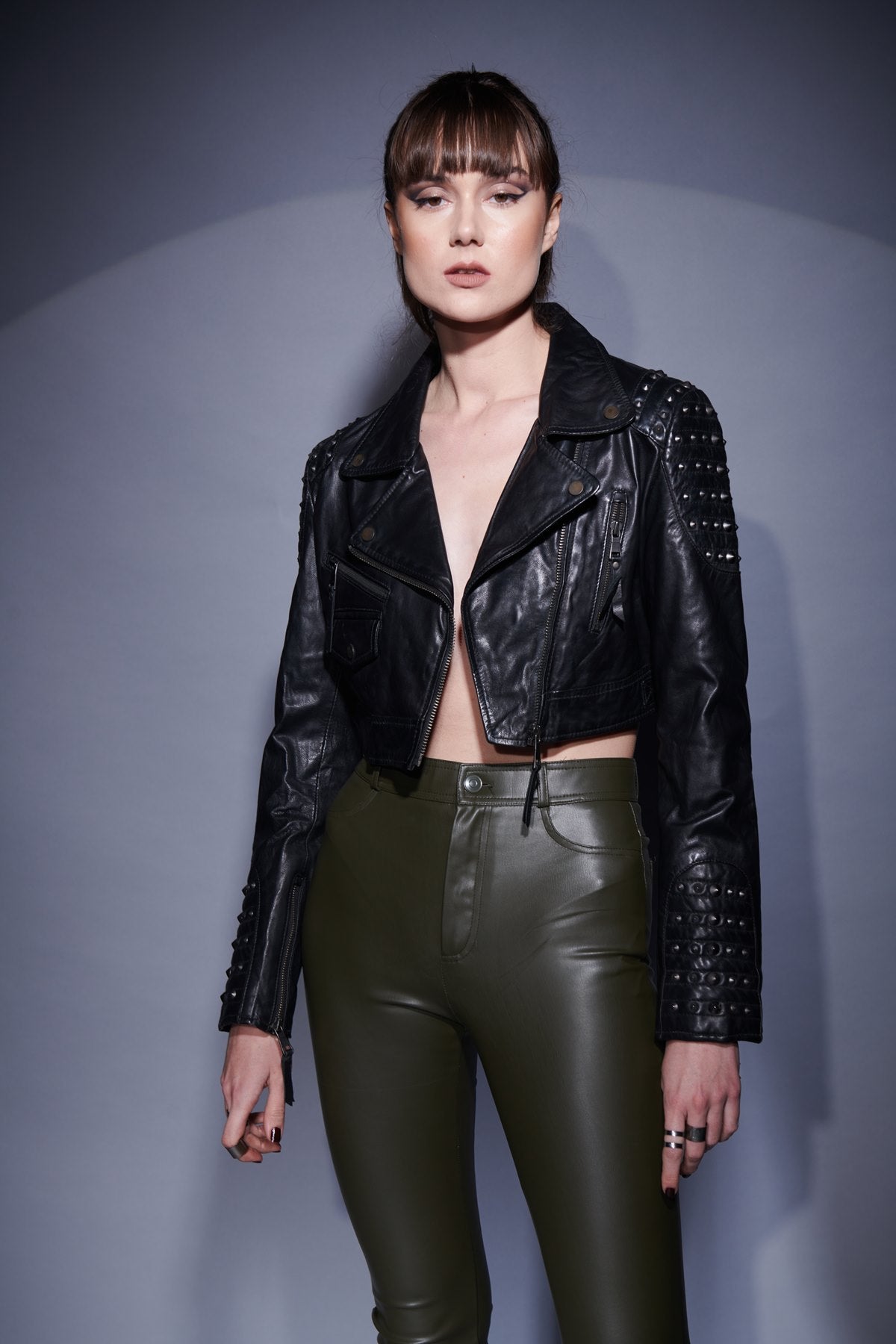 Stud Detailing Black Leather Short Ladies Biker Jacket Zip By Brune