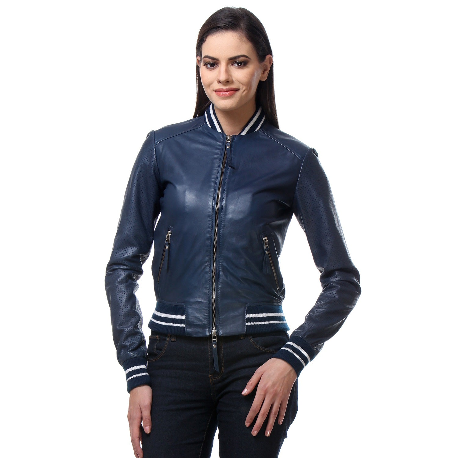Blue Color Classic Leather Ribbed Bomber Jacket For Women By Brune & B