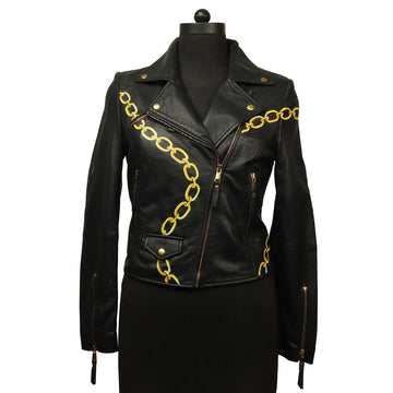 Hand painted biker styled leather Jacket in Genuine Black Leather for Girls By Brune & Bareskin