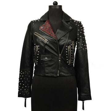 Camo Black Stud Leather Ladies Biker Jacket with Zip Closure By Brune & Bareskin