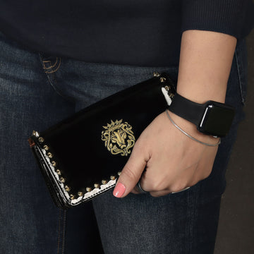 Ladies Clutch/Wallet with Zardosi Lion in Black Leather