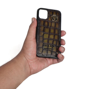 Mobile Cover In Olive Deep Cut Croco Leather by Brune & Bareskin