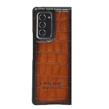 Tan Samsung Galaxy Fold Mobile Cover in Deep Croco Textured Leather by Brune & Bareskin