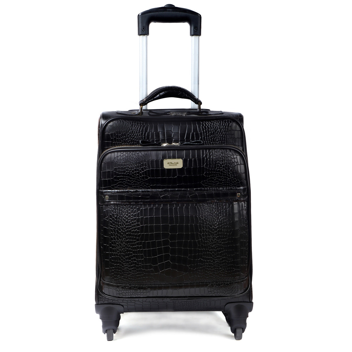 Deep Cut Croco Print Black Quad Wheel Cabin Luggage Leather Strolley T