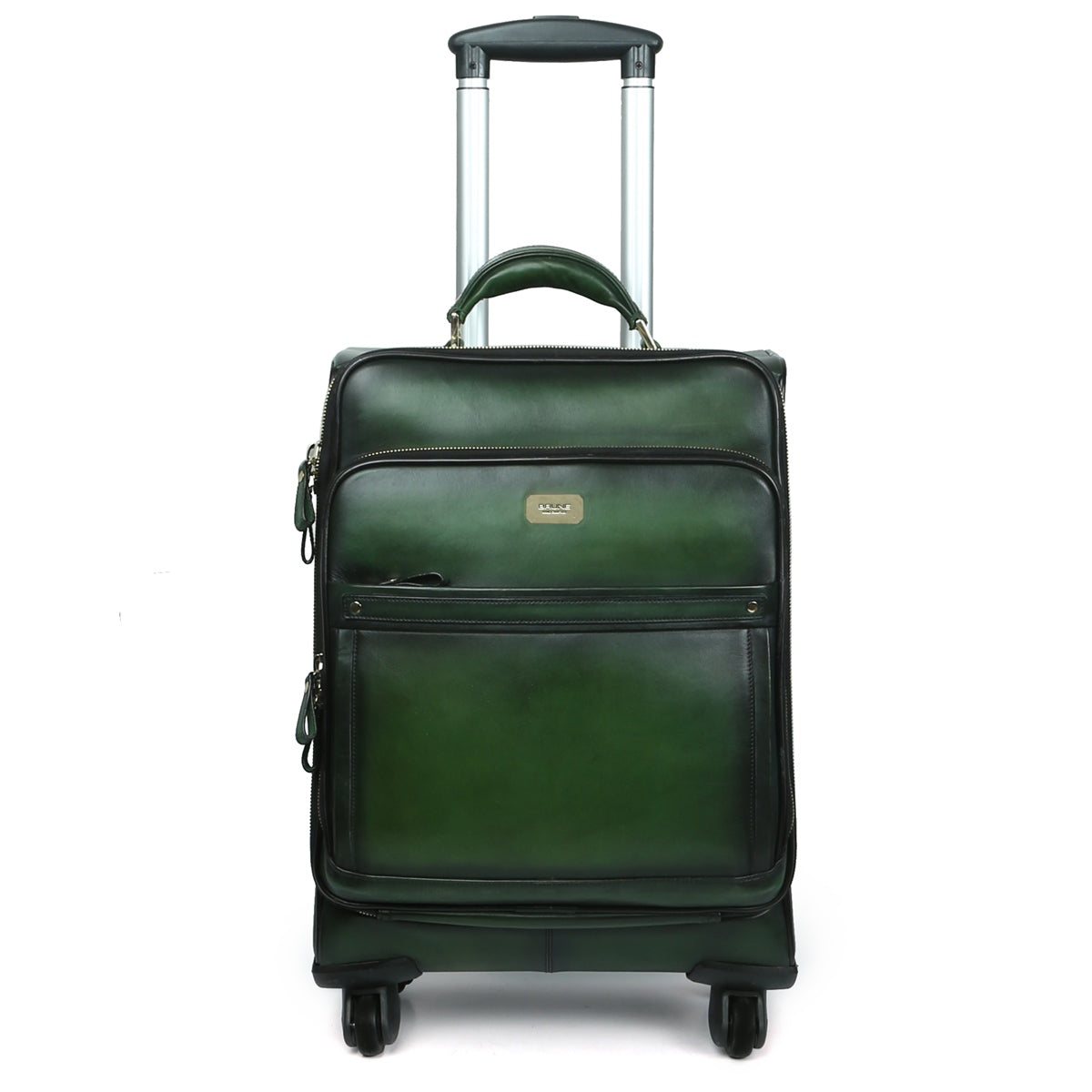 Green Quad Wheel Leather Strolley Travel Bag By Brune Bareskin