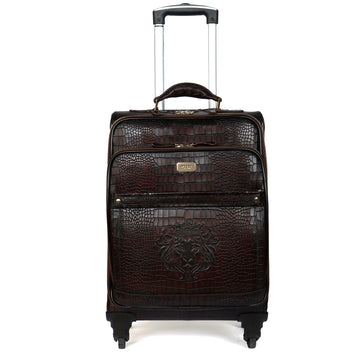 Dark Brown Croco Print With Diamond Stitched Quad Wheel Cabin Luggage Strolley Leather Bag by Brune & Bareskin