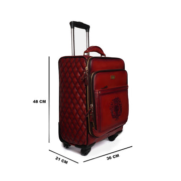 Wine Leather Diamond Stitched Quad Wheel Trolley Bag With Embossed Lion Logo by Brune & Bareskin