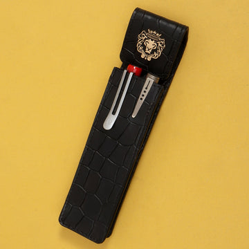 Black Cut Croco Pen Holder with Golden Metal Lion Logo By Brune & Bareskin