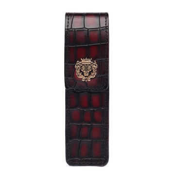 Smokey Wine Cut Croco Textured Leather Pen Holder with Metal Lion Logo By Brune & Bareskin