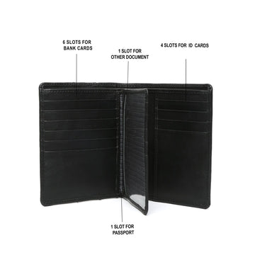 Black leather passport cover with card and wallet features by Brune & Bareskin .