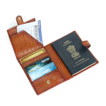 Tan Deep Cut Croco Leather Passport Holder with Foldable Boarding Pass Pocket By Brune & Bareskin