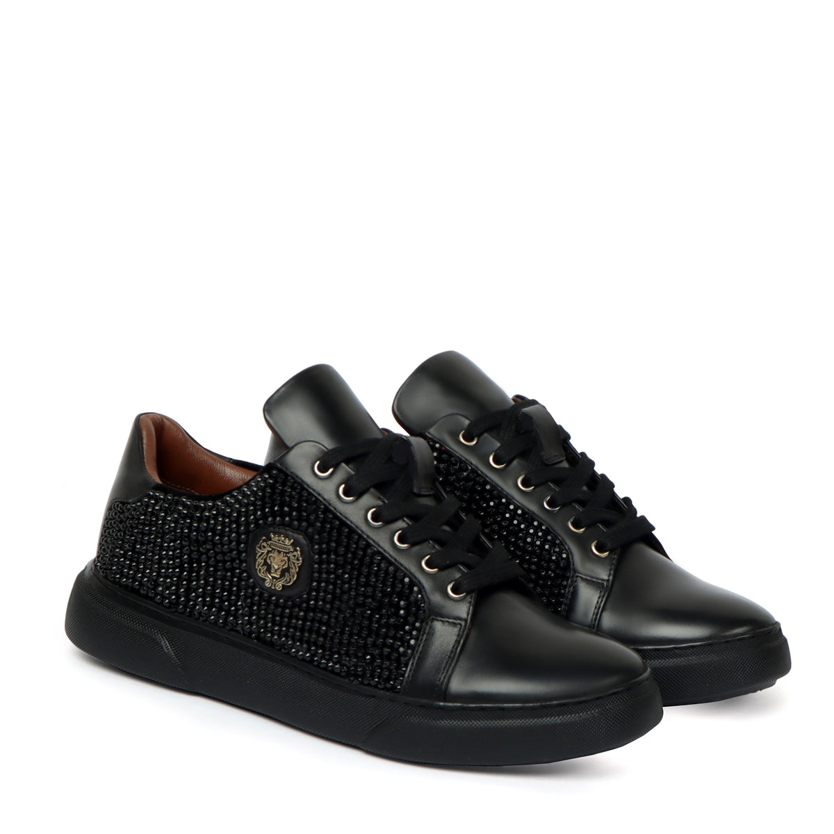 Men's Black Rhinestones black Leather Low Top Sneakers by Brune & Bareskin