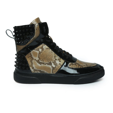 Studded Snake Print Leather Sneaker with Patent Leather Detailing