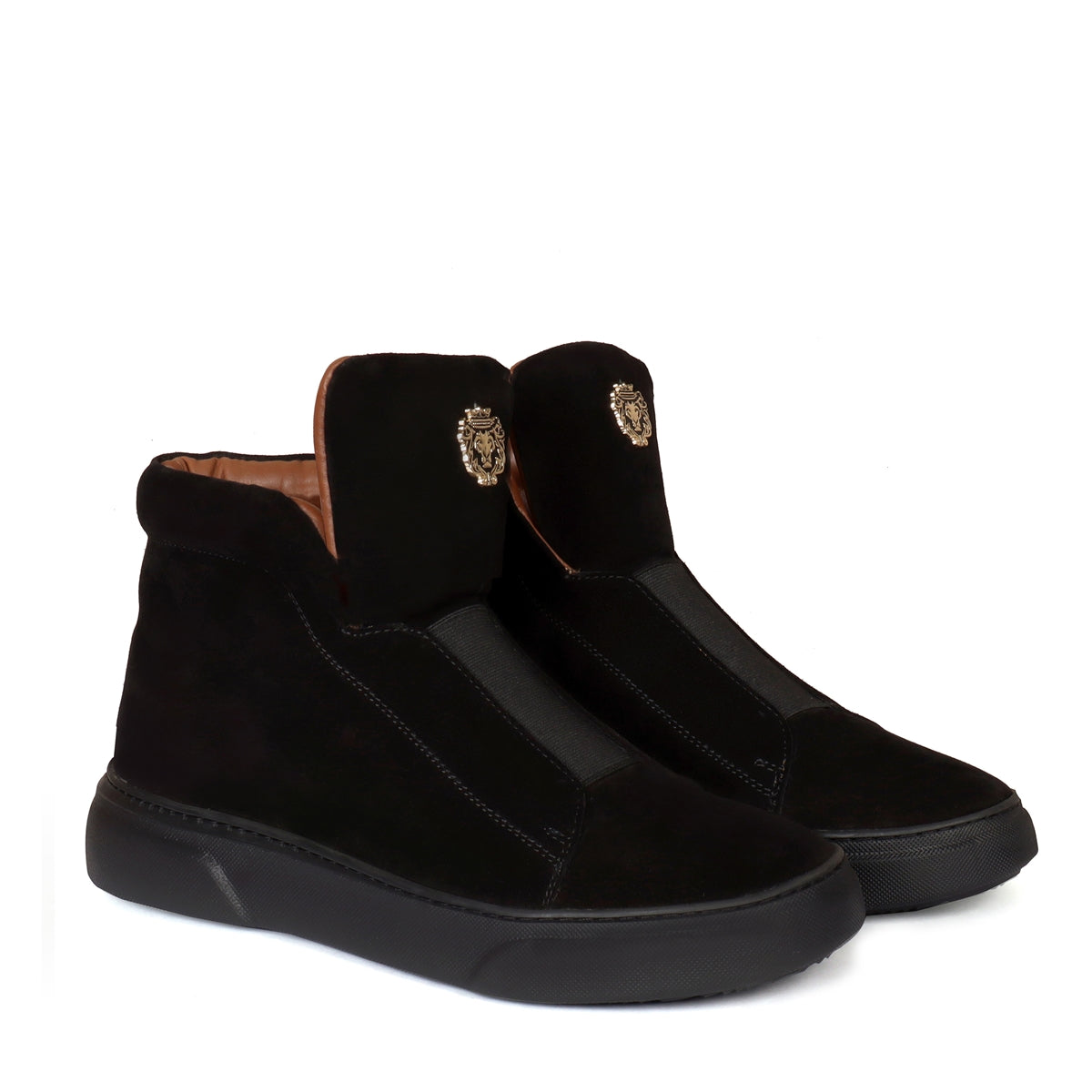 Black Suede Leather Metal Lion Mid-Top Sneakers with Stretchable Strap