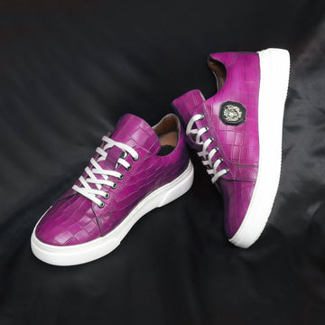 Pink Cut Croco Leather White Sole Low Top Sneakers by Brune & Bareskin