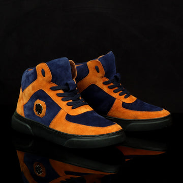 Orange & Blue Detailing Suede Leather Mid Top Sneakers by Brune & Bareskin