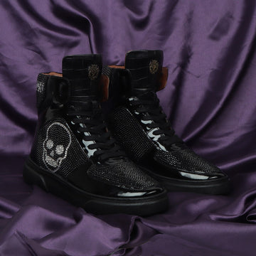 Black and Silver 'Almost Human' Swarovski Crystal Zardosi Patent Leather Sneakers by Brune & Bareskin