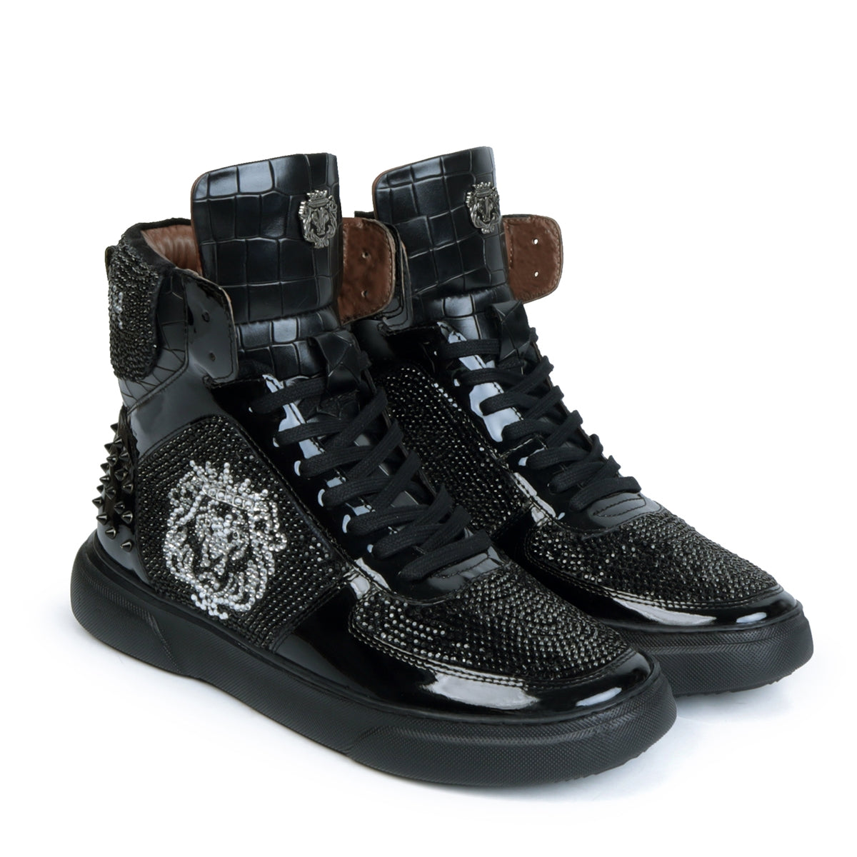 Studded Patent Leather Sneakers Black and Silver 'BARESKIN' Lion Face