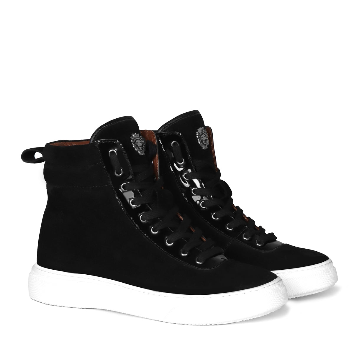 Black Suede Leather With Contrasting Patent Detailing Mid Top Lace-Up