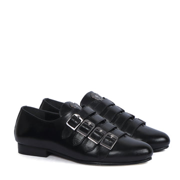 Parallel Monk Straps Light Weight Rubberised Black Genuine Leather Sneakers Shoes by Brune & Bareskin