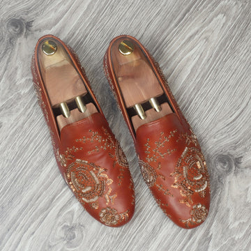 Tan Leather Slip-On Shoes with Copper Gold Zardosi Embroidery By Brune & Bareskin