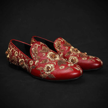 Maroon Leather Flower Design Copper Gold Zardosi Embroidery Slip-On Shoes By Brune & Bareskin