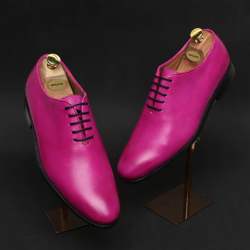Pink Hand Painted Leather Handmade Whole Cut/One-Piece Oxford Shoes For Men By Brune & Bareskin