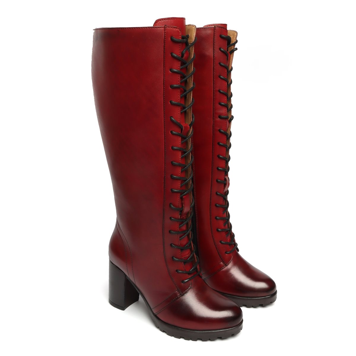 Wine Leather Knee Height Full Lace Up Ladies Boots By BRUNE BARESKIN