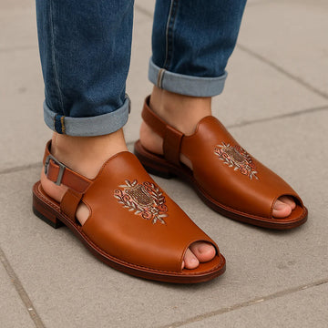 Tan Hand Zardosi Peep-toe Peshawari Sandals