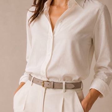 Women's Premium Textured Grey Leather Belt with Gold-Tone Buckle