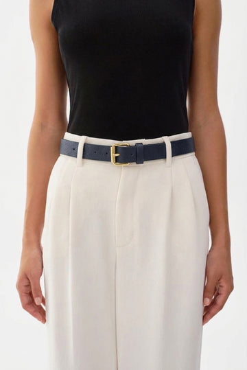 Women's Premium Textured Blue Leather Belt with Gold-Tone Buckle