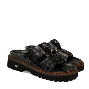 Deep Cut Croco Thick Thread Black Super Chunky Slide-in Slippers.