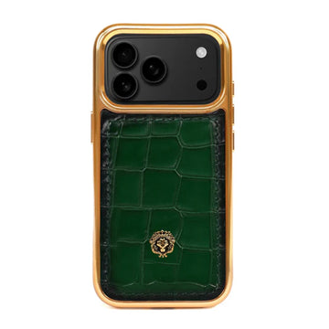 Luxury Green Croco Textured Leather iPhone 17 Pro & 17 Pro Max Golden Frame Mobile Cover